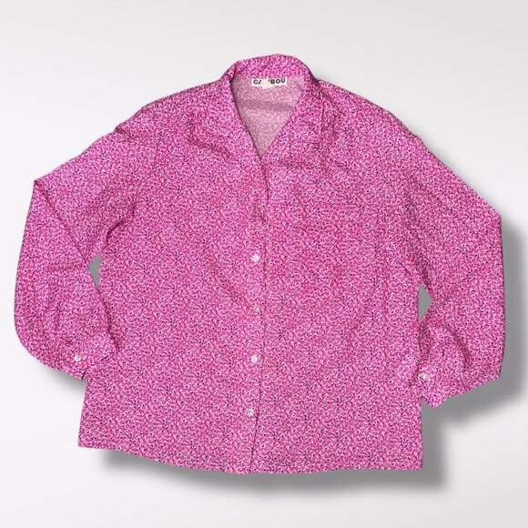 Vintage 80s Caribou Pink Floral Button Front Blouse Size Medium Large - Picture 8 of 8